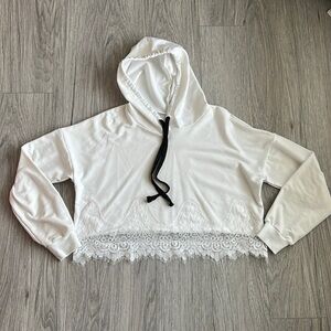 White Cropped Hoodie with Lace Detail Size M